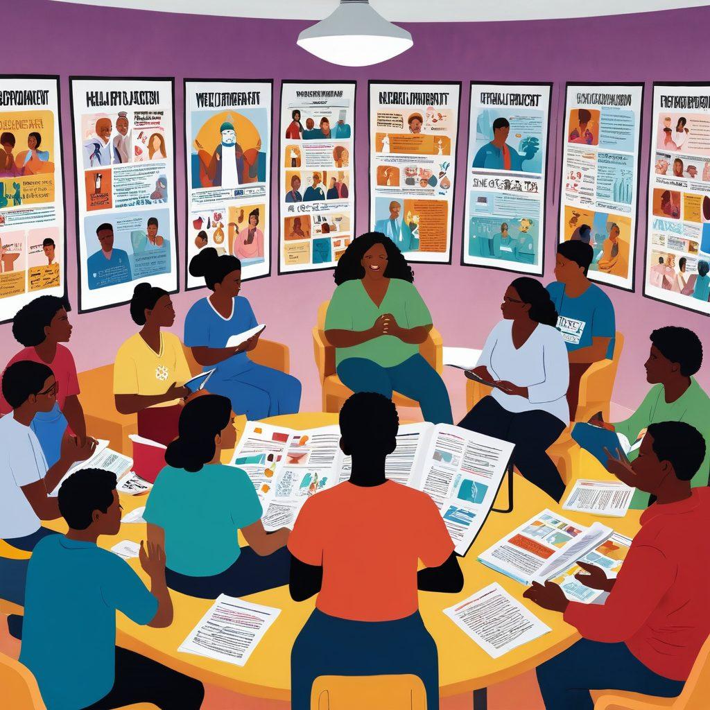 A diverse group of empowered patients engaging in a lively discussion, surrounded by educational materials and advocacy tools. Show a bright, welcoming environment filled with posters, books, and digital screens displaying health information. Include symbols of empowerment like raised fists and lightbulbs, reflecting knowledge and action. Emphasize inclusivity and collaboration among the patients. vibrant colors. modern illustration. inspirational.