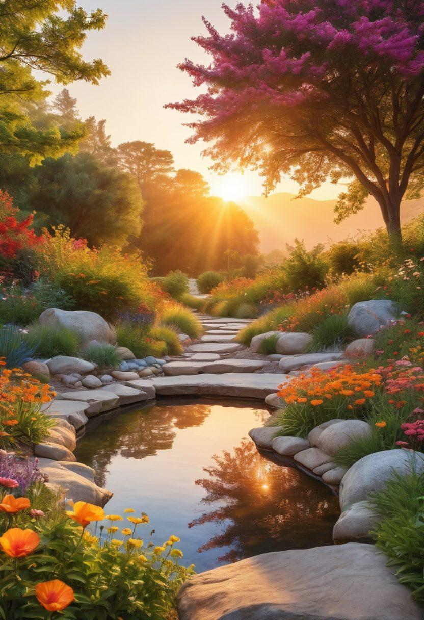 A serene landscape depicting a vibrant sunrise over a peaceful healing garden, with diverse people engaging in various wellness activities like yoga, meditation, and group therapy. Incorporate elements of nature, such as blooming flowers and flowing water, symbolizing renewal and vitality. Emphasize a sense of community and hope, with soft, warm colors that evoke positivity and healing. super-realistic. vibrant colors. peaceful atmosphere.